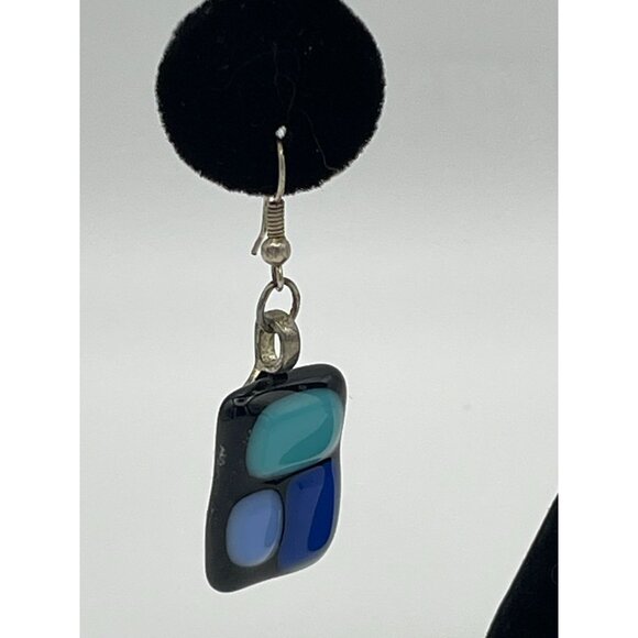 Fused Glass Dangle Earrings Blues Black Rectangles 2" Pierced - Picture 3 of 9